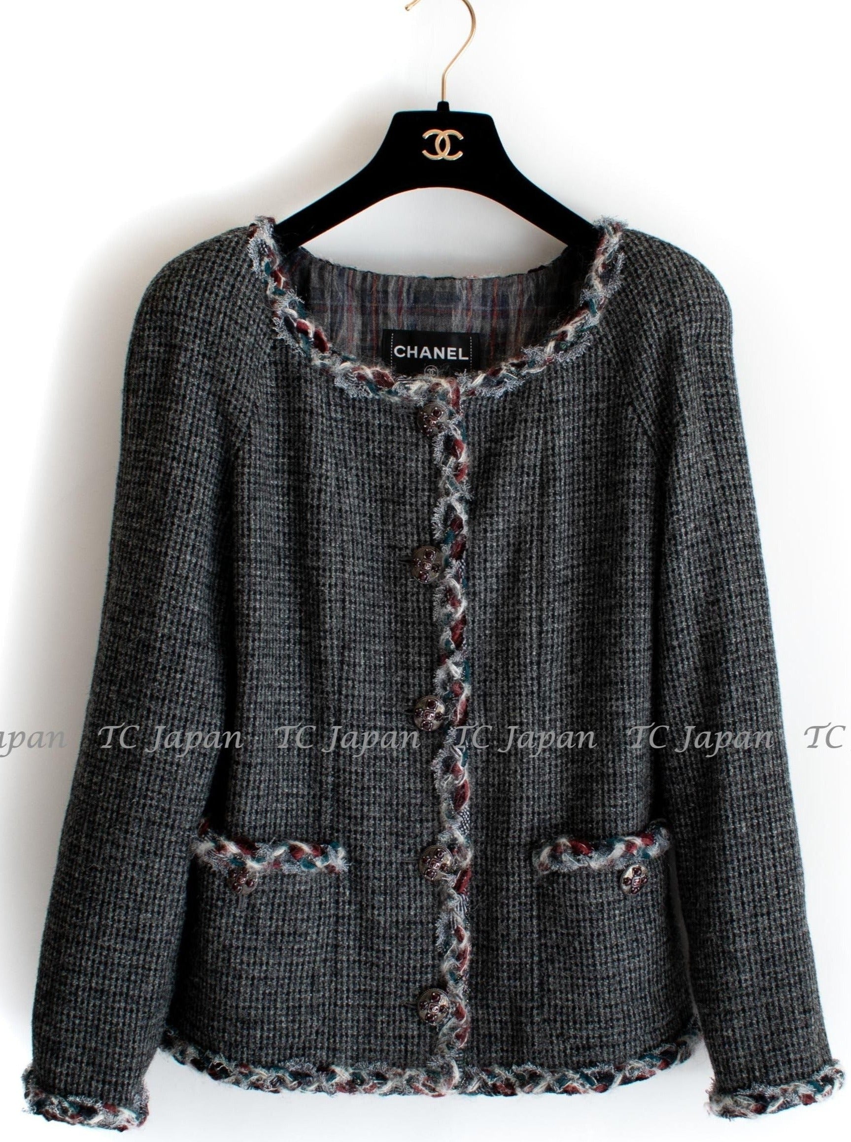 CHANEL 13PF Edinburgh Gray GreyTrim Wool Tweed Jacket 34 シャネル グレー トリミング ウール 100% ツイード ジャケット 即発
