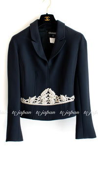 CHANEL 02A Dark Navy Rhinestones Vintage Wool Jacket Skirt Suit 38 40 42 シャネル ダークネイビー・ウール・ヘップバーン風・ラインストーン・王冠ジャケット 即発