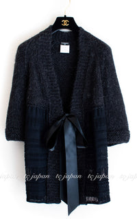 CHANEL 07PF Charcoal Black Alpaca Cardigan 36 38 シャネル 高級アルパカ リボン チャコール グレー ブラック カーディガン