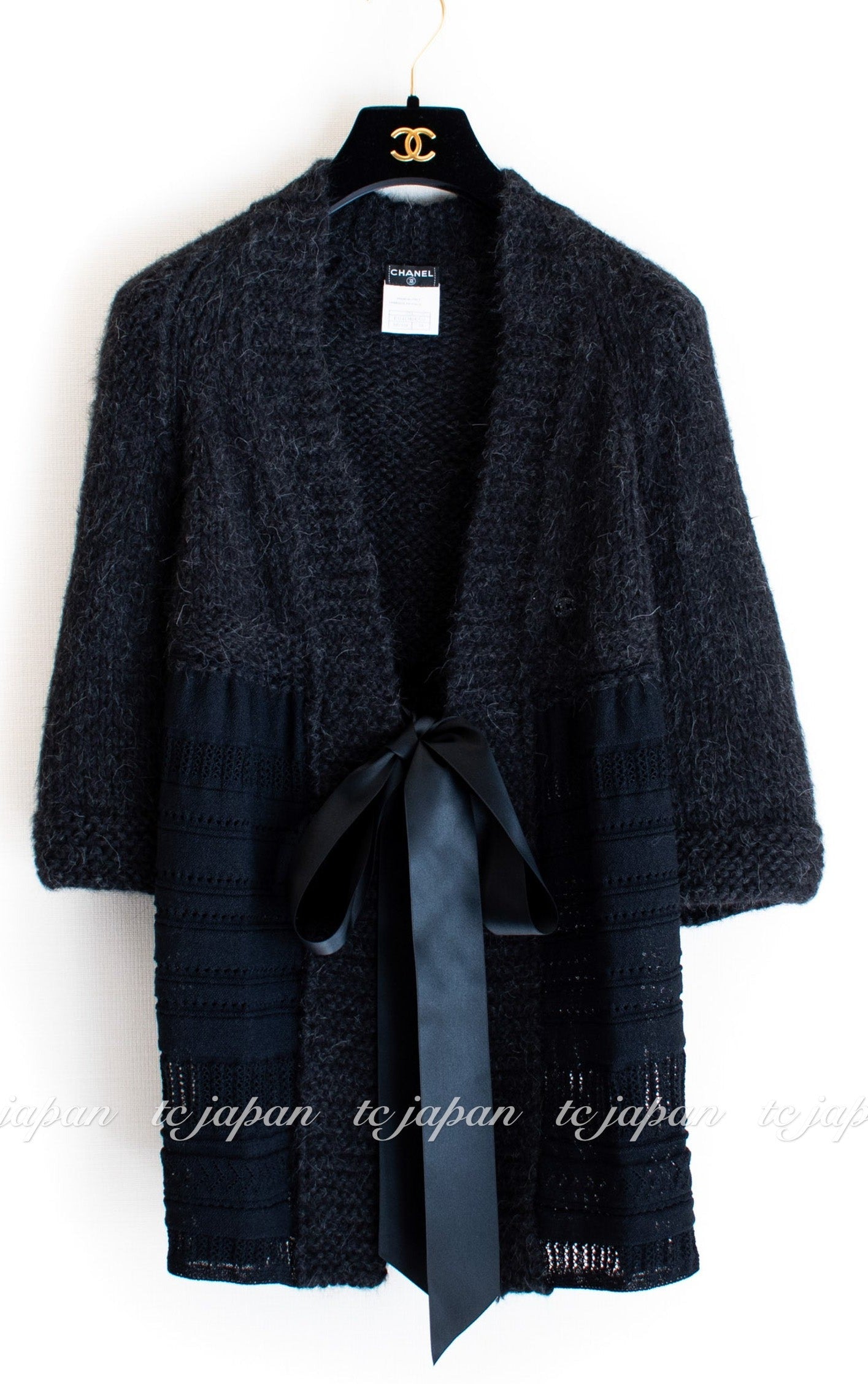 CHANEL 07PF Charcoal Black Alpaca Cardigan 36 38 シャネル 高級アルパカ リボン チャコール グレー ブラック カーディガン