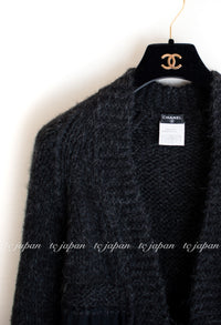 CHANEL 07PF Charcoal Black Alpaca Cardigan 36 38 シャネル 高級アルパカ リボン チャコール グレー ブラック カーディガン