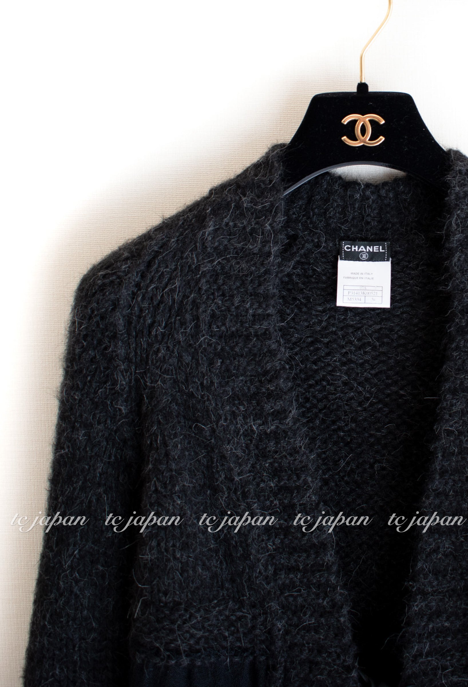 CHANEL 07PF Charcoal Black Alpaca Cardigan 36 38 シャネル 高級アルパカ リボン チャコール グレー ブラック カーディガン