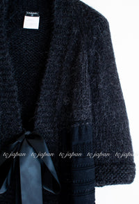 CHANEL 07PF Charcoal Black Alpaca Cardigan 36 38 シャネル 高級アルパカ リボン チャコール グレー ブラック カーディガン