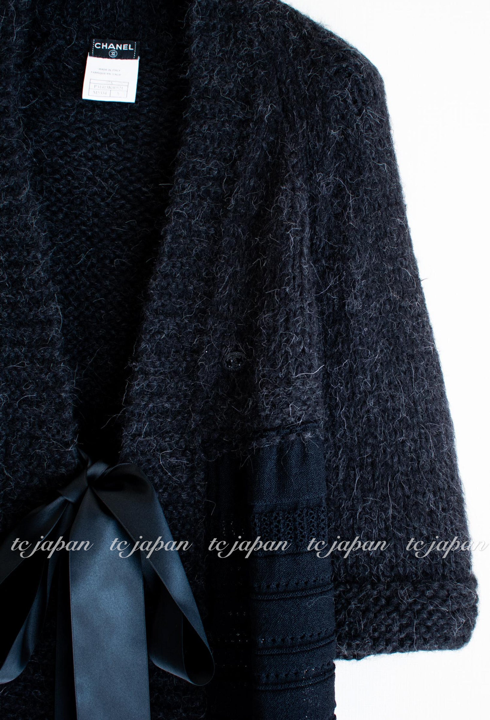 CHANEL 07PF Charcoal Black Alpaca Cardigan 36 38 シャネル 高級アルパカ リボン チャコール グレー ブラック カーディガン