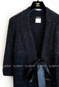 CHANEL 07PF Charcoal Black Alpaca Cardigan 36 38 シャネル 高級アルパカ リボン チャコール グレー ブラック カーディガン