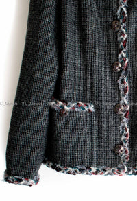 CHANEL 13PF Edinburgh Gray GreyTrim Wool Tweed Jacket 34 シャネル グレー トリミング ウール 100% ツイード ジャケット 即発