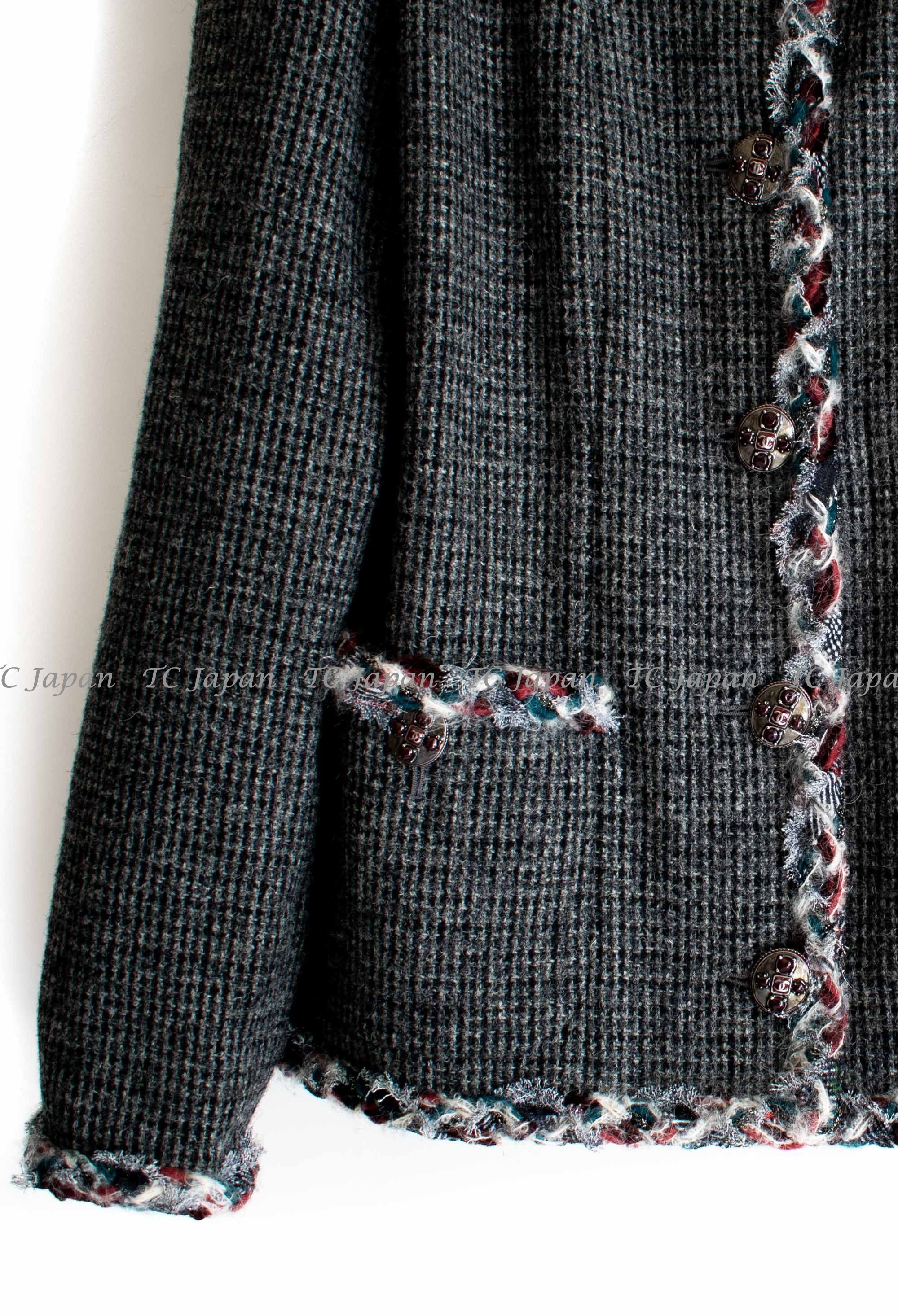 CHANEL 13PF Edinburgh Gray GreyTrim Wool Tweed Jacket 34 シャネル グレー トリミング ウール 100% ツイード ジャケット 即発
