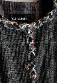 CHANEL 13PF Edinburgh Gray GreyTrim Wool Tweed Jacket 34 シャネル グレー トリミング ウール 100% ツイード ジャケット 即発