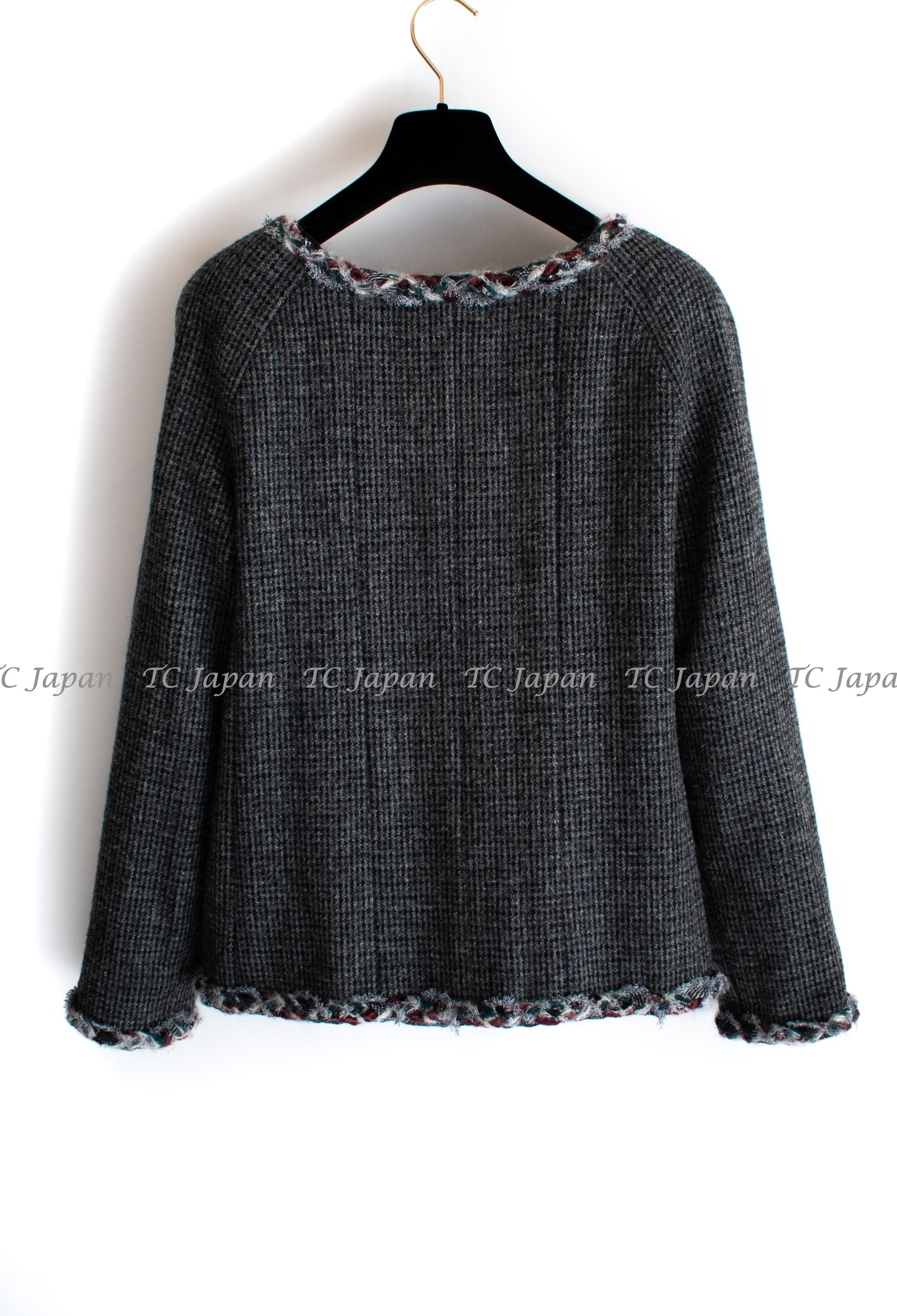 CHANEL 13PF Edinburgh Gray GreyTrim Wool Tweed Jacket 34 シャネル グレー トリミング ウール 100% ツイード ジャケット 即発