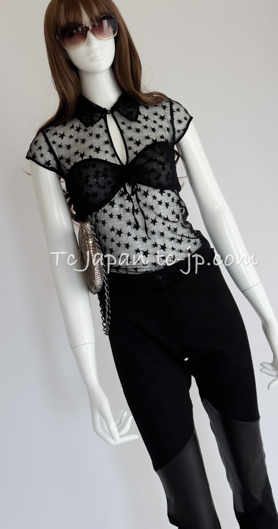 CHANEL 04PF Black Short Sleeve Star Blouse Tops 36 シャネル ブラック 星柄 半袖ブラウス トップス 即発