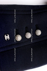 CHANEL 02A Dark Navy Rhinestones Vintage Wool Jacket Skirt Suit 38 40 42 シャネル ダークネイビー・ウール・ヘップバーン風・ラインストーン・王冠ジャケット 即発