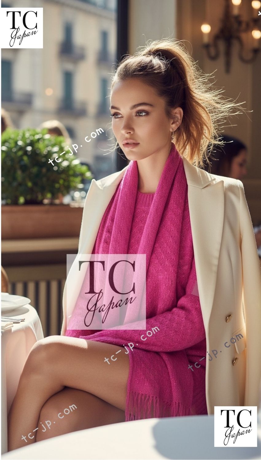 CHANEL Pink knit Women COCO Mark - Crew neck long sleeve design with scarf シャネル ピンク ニット レディース ココマーク・ストール付 クルーネック 長袖 デザイン