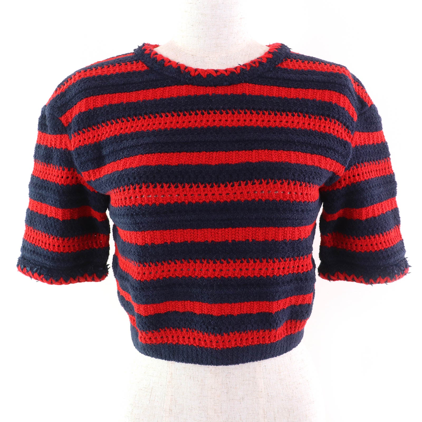 CHANEL Knit COCO Mark Button Border Pattern Crew Neck Cropped