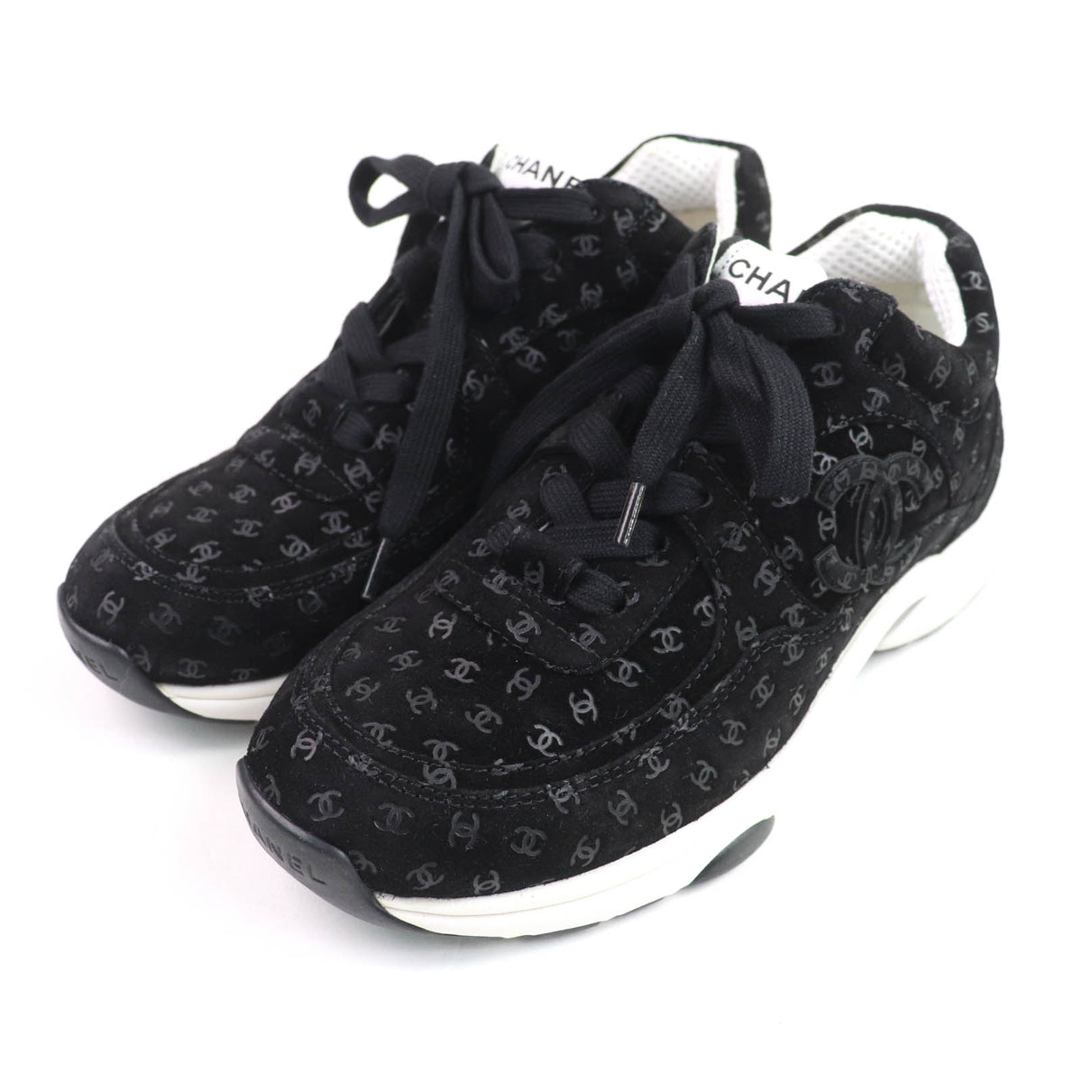 CHANEL Black sneakers Women All COCO MarkPattern lace-up suede 