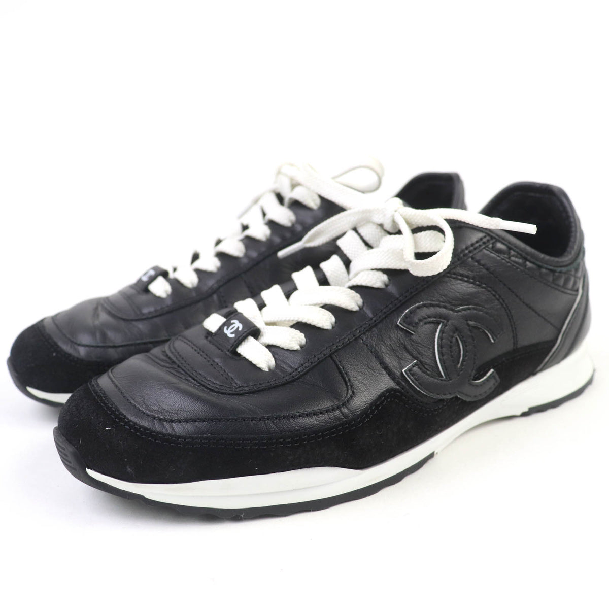 CHANEL Black Low cut sneakers Women COCO Mark Lace-up Leather 