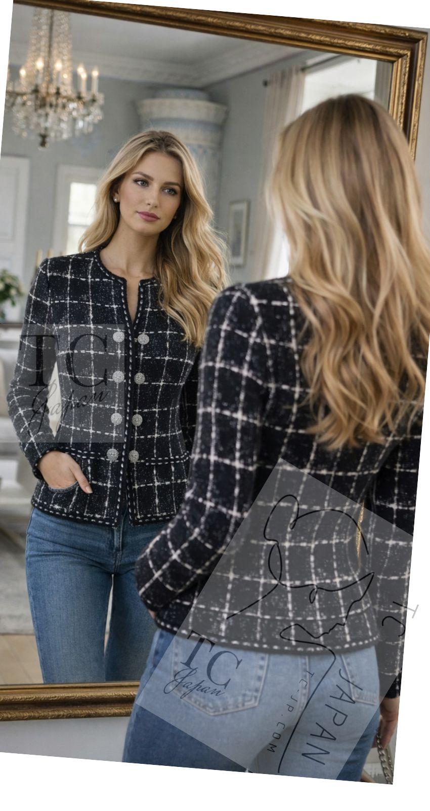 CHANEL No color jacket Women COCO Mark Button Grid Pattern Tweed シャネル ノーカラージャケット レディース ココマークボタン 格子柄 ツイード