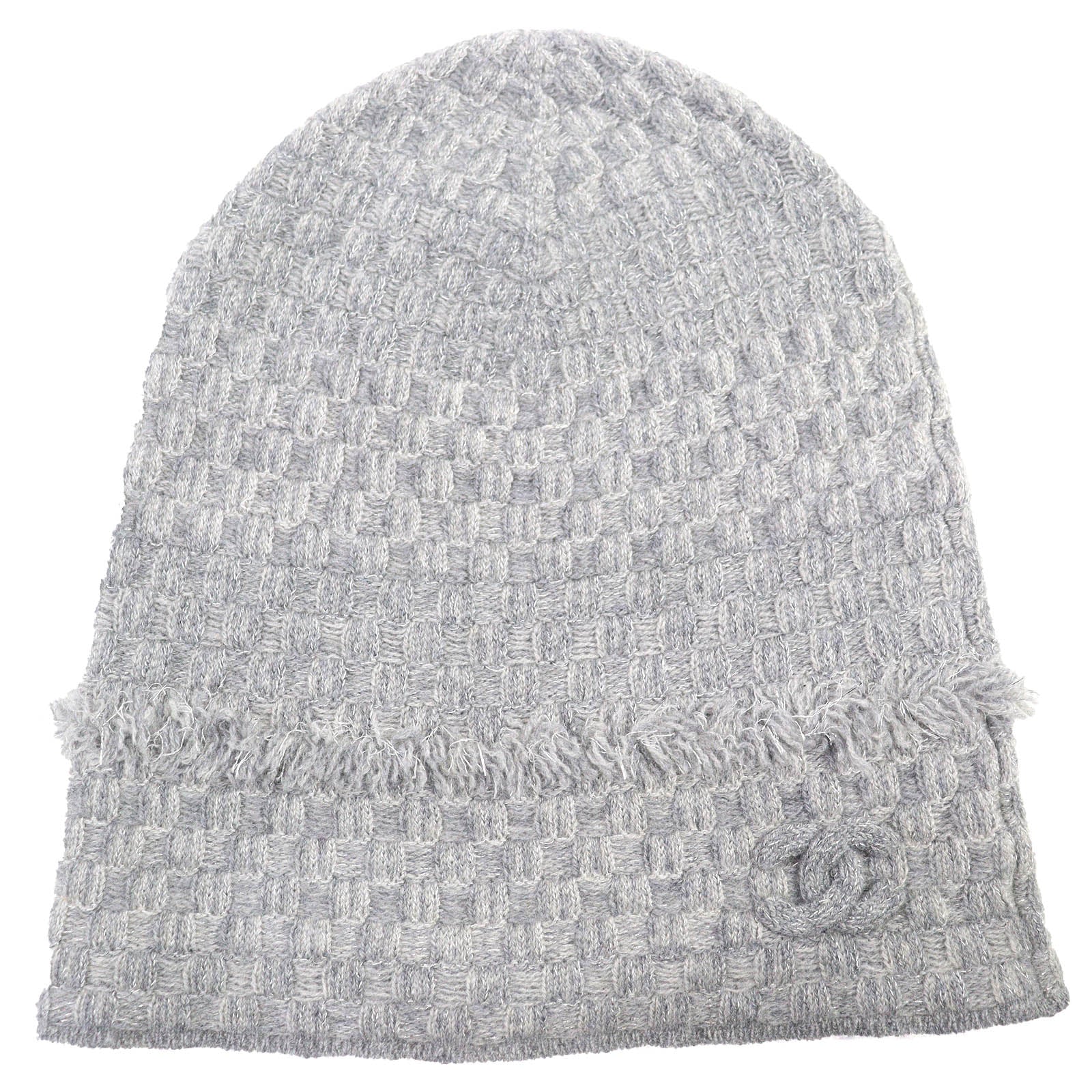 CHANEL Gray Knit cap Women COCO Mark fringe design glitter knit
