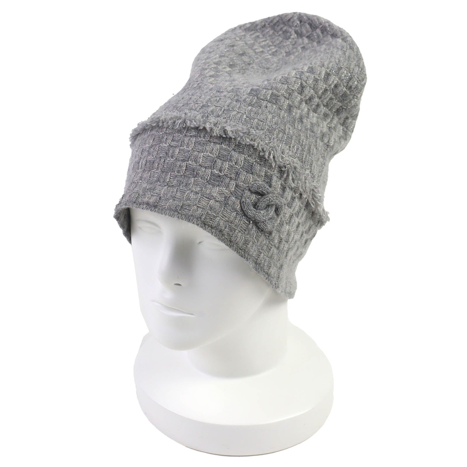 CHANEL Gray Knit cap Women COCO Mark fringe design glitter knit