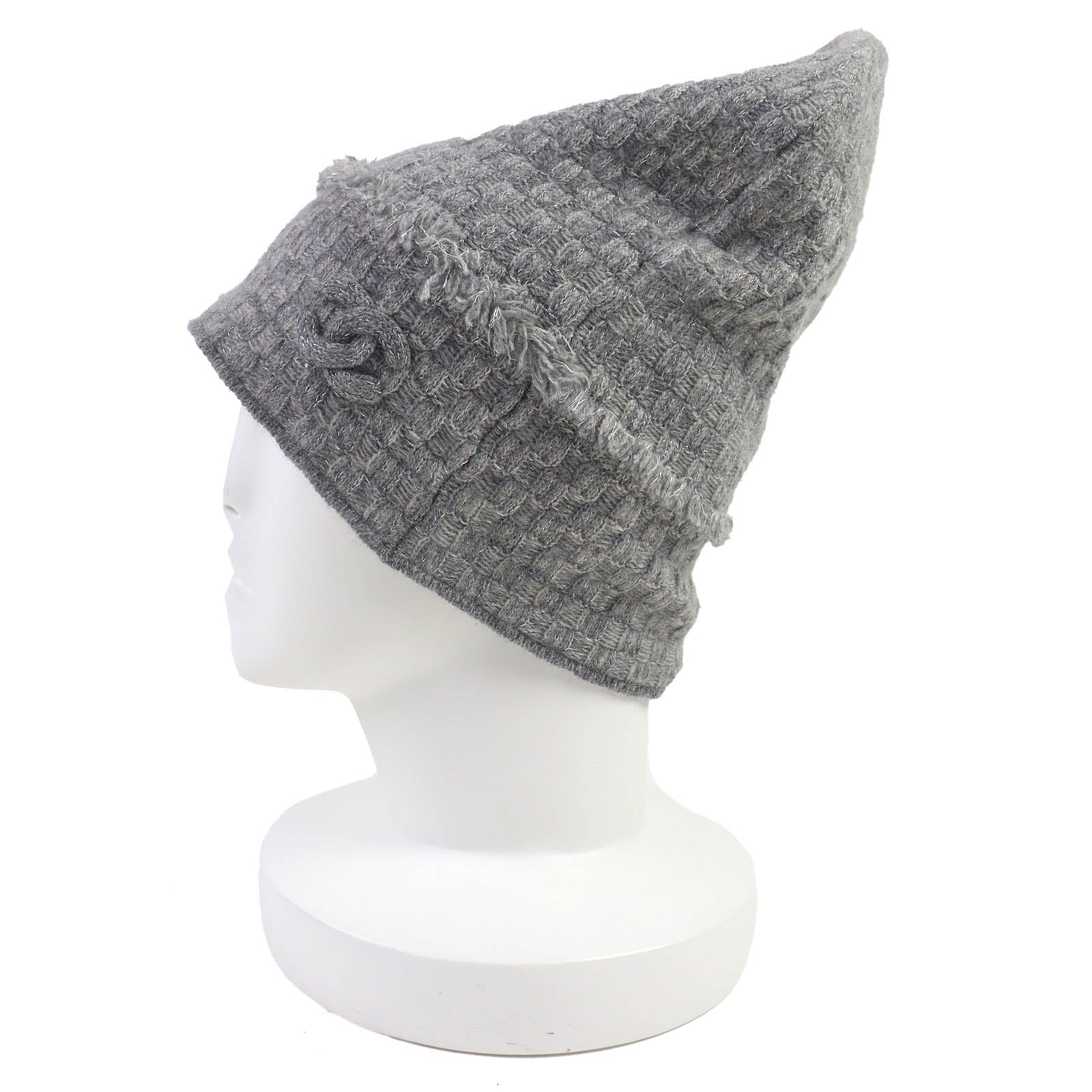 CHANEL Gray Knit cap Women COCO Mark fringe design glitter knit