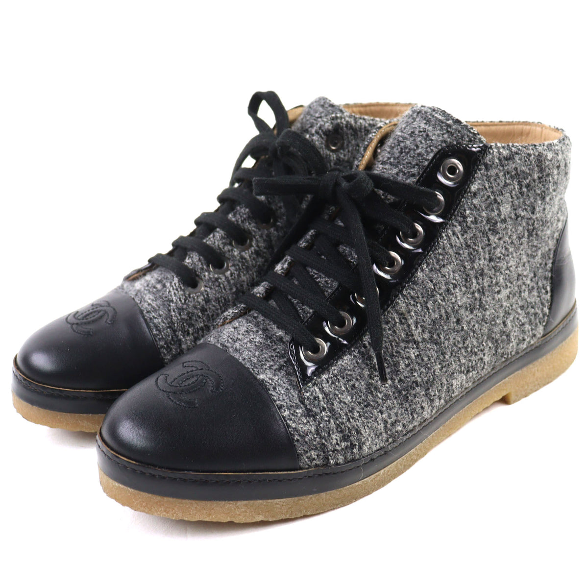 CHANEL sneakers Women COCO Mark Leather Tweed Lace-Up Shoes 