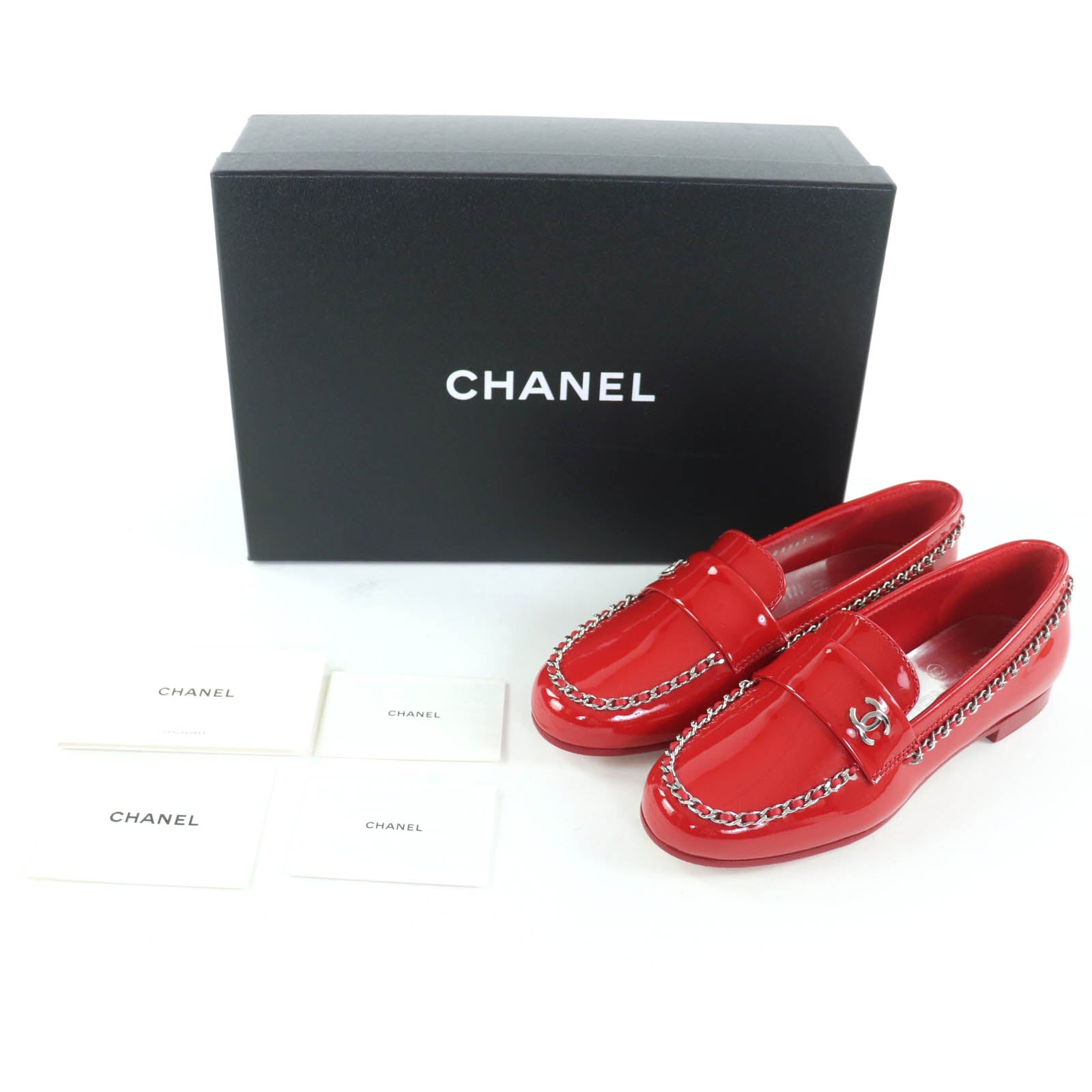 シャネル CHANEL レッド ローファー レディース ココマークパーツ付き