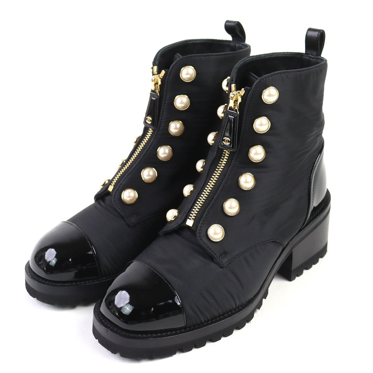 CHANEL Black short boots Women COCO Mark pearl front zip patent 