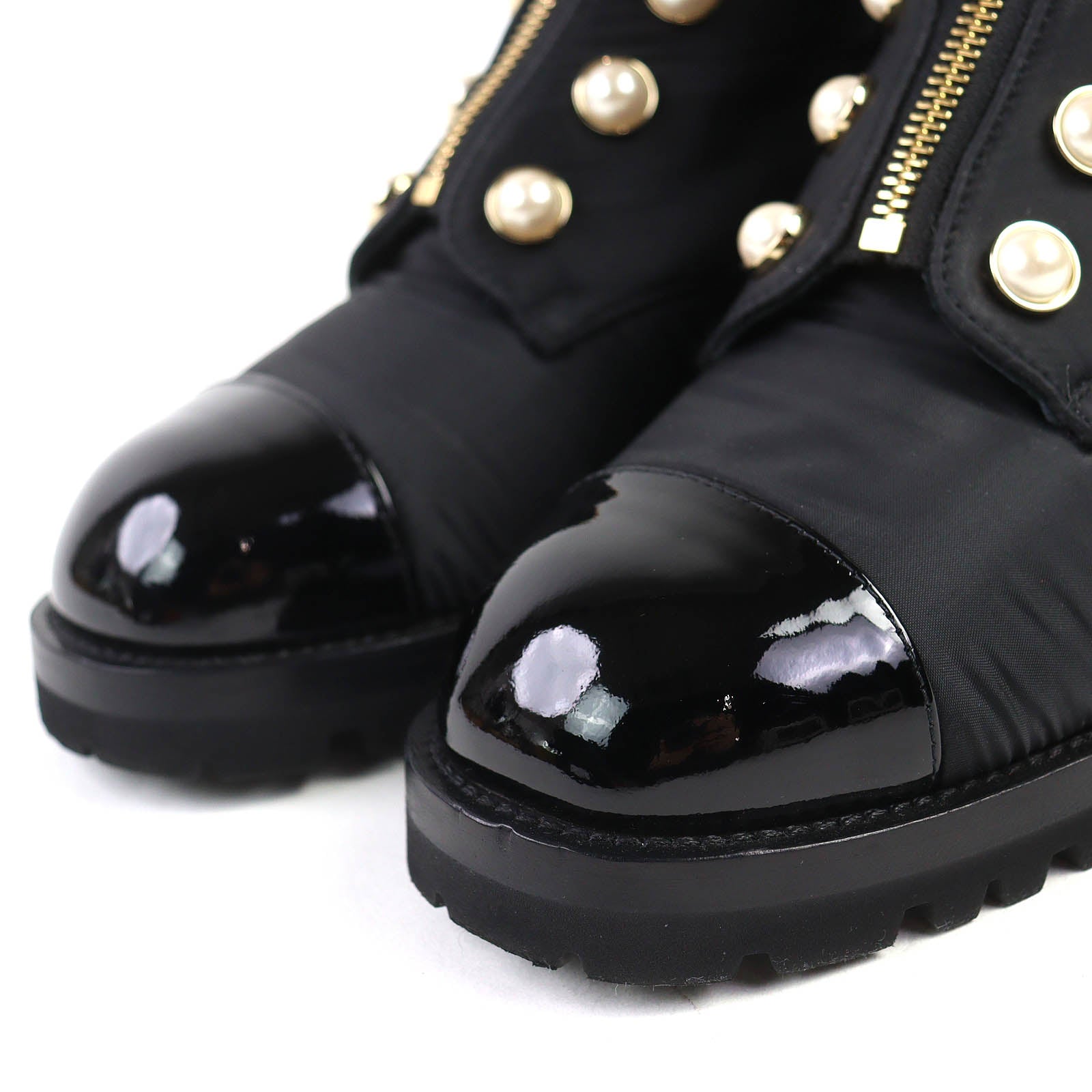 CHANEL Black short boots Women COCO Mark pearl front zip patent