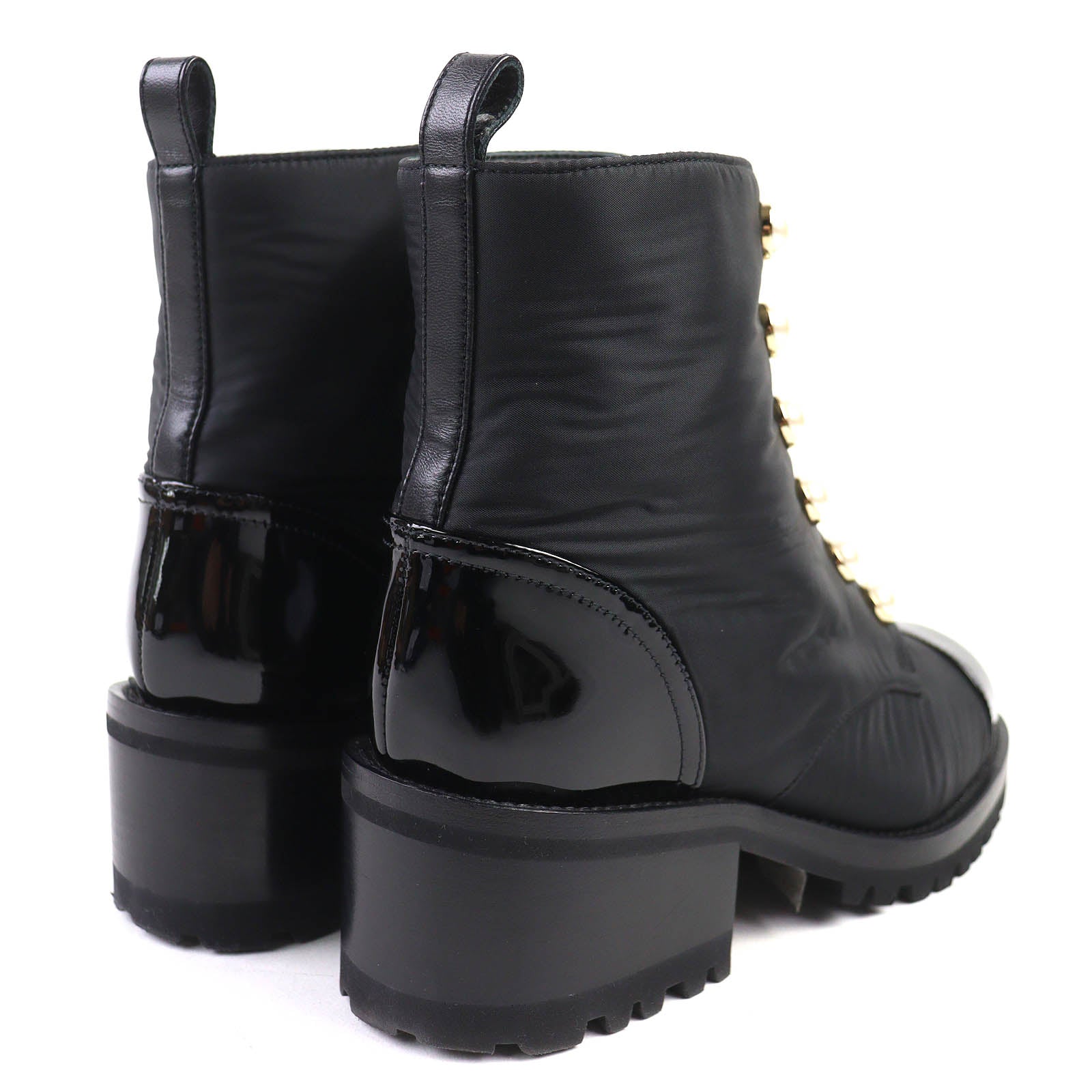 CHANEL Black short boots Women COCO Mark pearl front zip patent