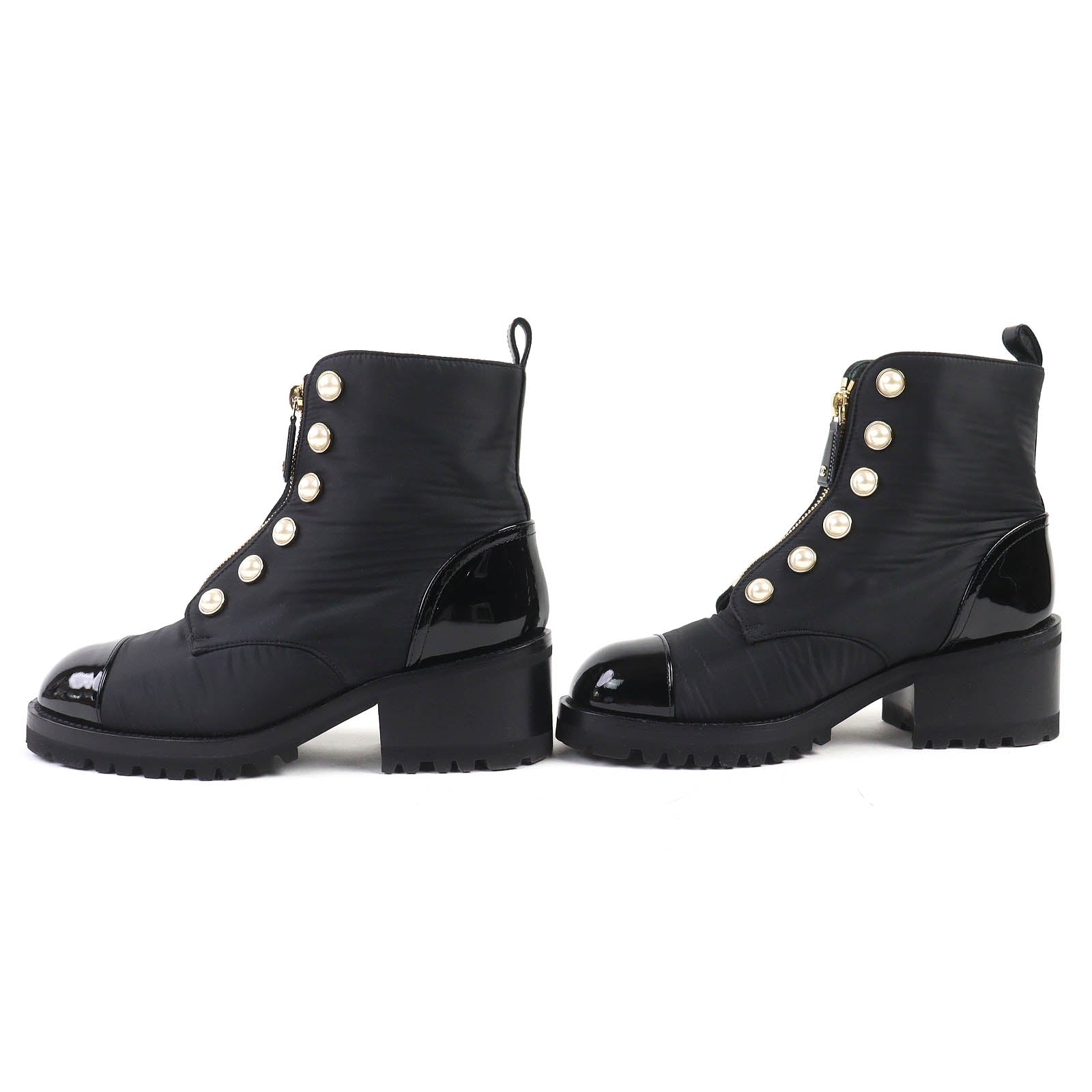 CHANEL Black short boots Women COCO Mark pearl front zip patent