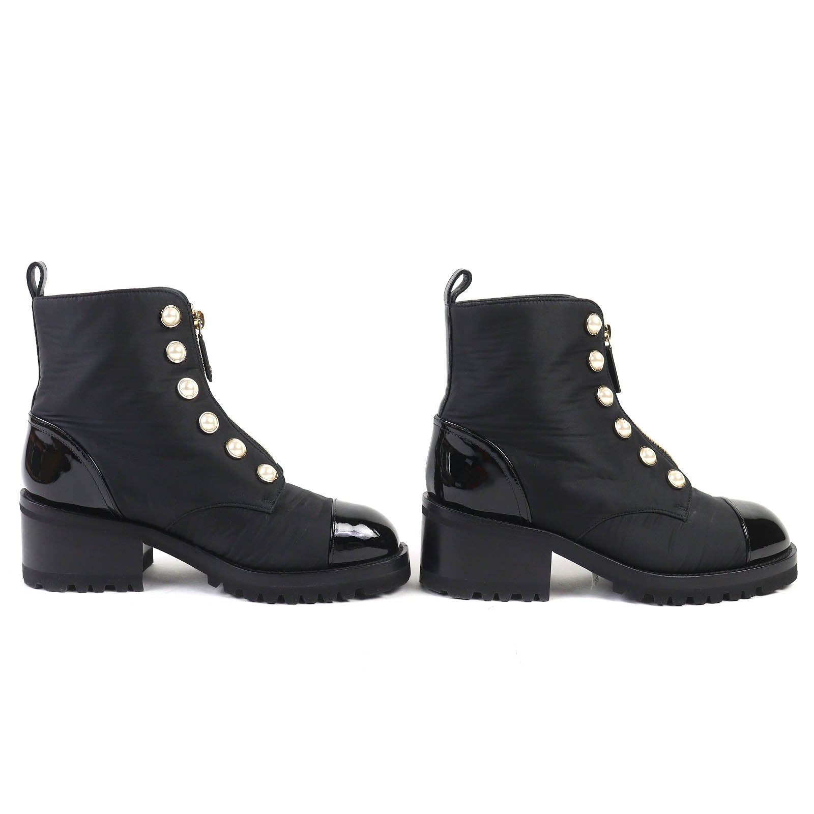 CHANEL Black short boots Women COCO Mark pearl front zip patent