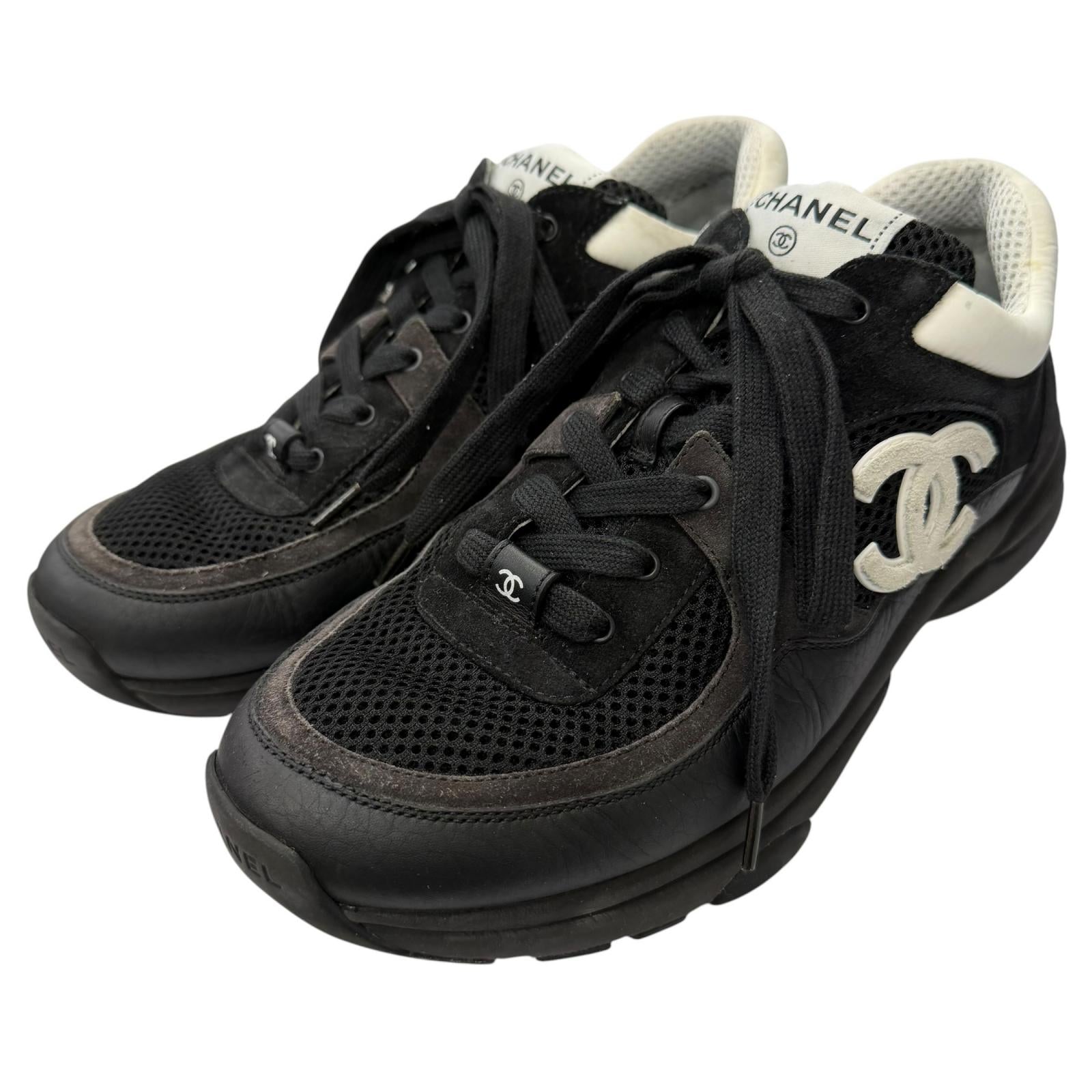 CHANEL Black Low Cut Sneakers Mens COCO Mark Lace Up 01
