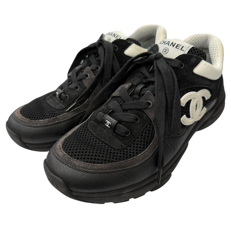 CHANEL Black Low Cut Sneakers Mens COCO Mark Lace Up 01