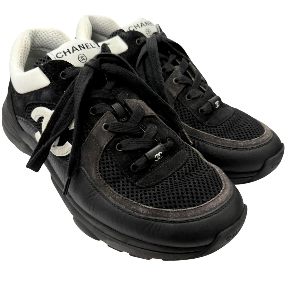 CHANEL Black Low Cut Sneakers Mens COCO Mark Lace Up 02