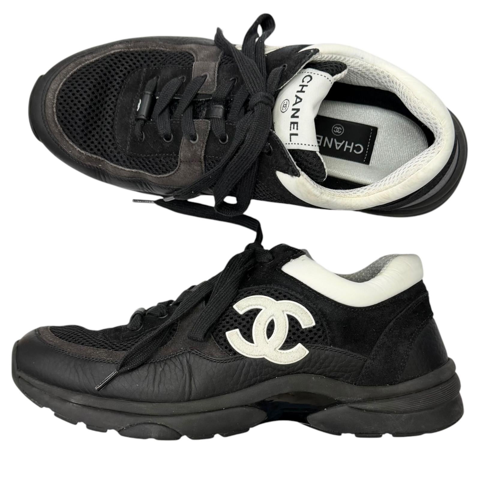CHANEL Black Low Cut Sneakers Mens COCO Mark Lace Up 03