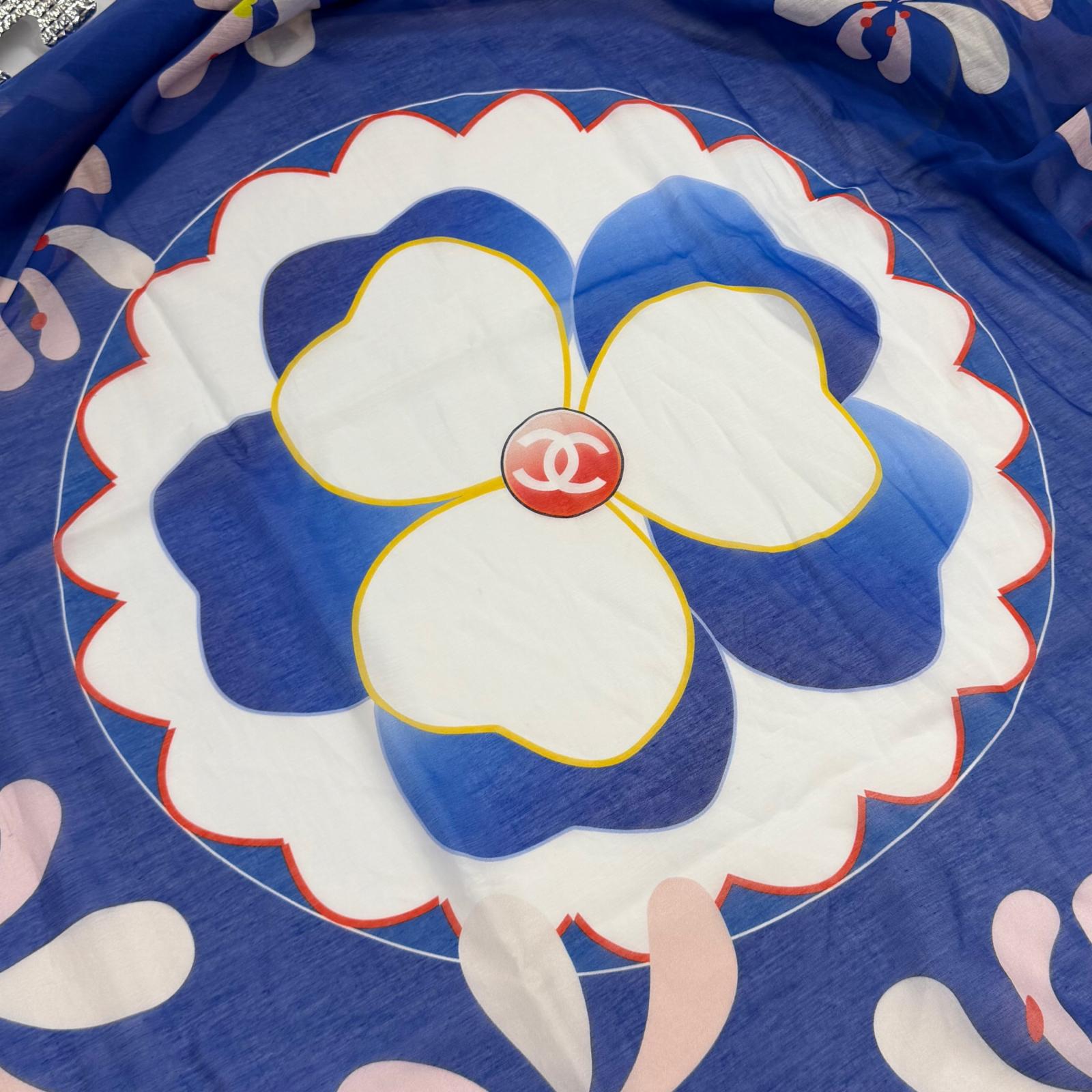 CHANEL Blue Women COCO Mark Floral Print Large Pareo 07