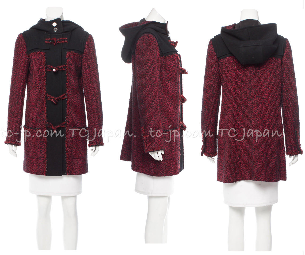 CHANEL 11A Red Black Wool Hooded Duffle Tweed Coat 38 44 46 シャネル レッド ブラック ウール フード ツイード コート 即発