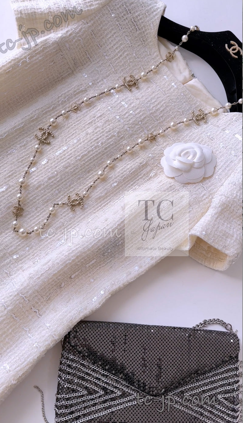 CHANEL 00C Ivory Sequin Embellishments Dress 38 シャネル アイボリー・スパンコール・ワンピース 即発