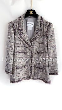 CHANEL 08S Gray Purple Braid Trim Lesage Tweed Jacket 38 シャネル グレー パープル ブレイド トリム CC握手ボタン ルサージュ ツイード ジャケット 即発