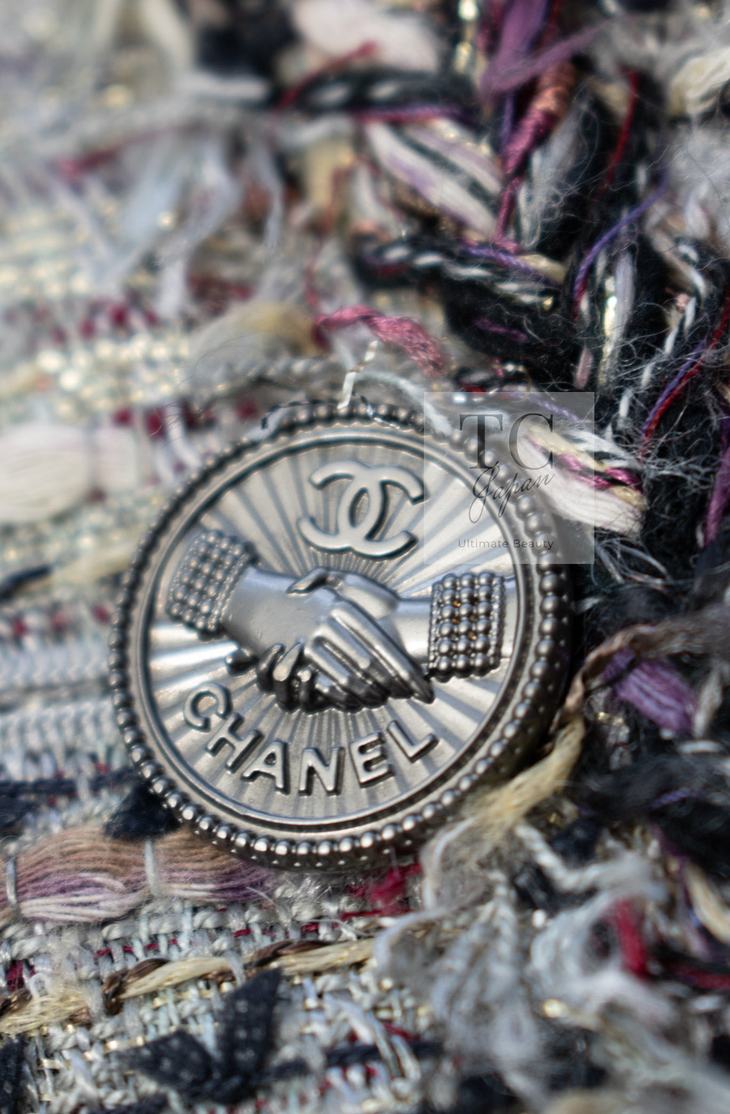 CHANEL 08S Gray Purple Braid Trim Lesage Tweed Jacket 38 シャネル グレー パープル ブレイド トリム CC握手ボタン ルサージュ ツイード ジャケット 即発