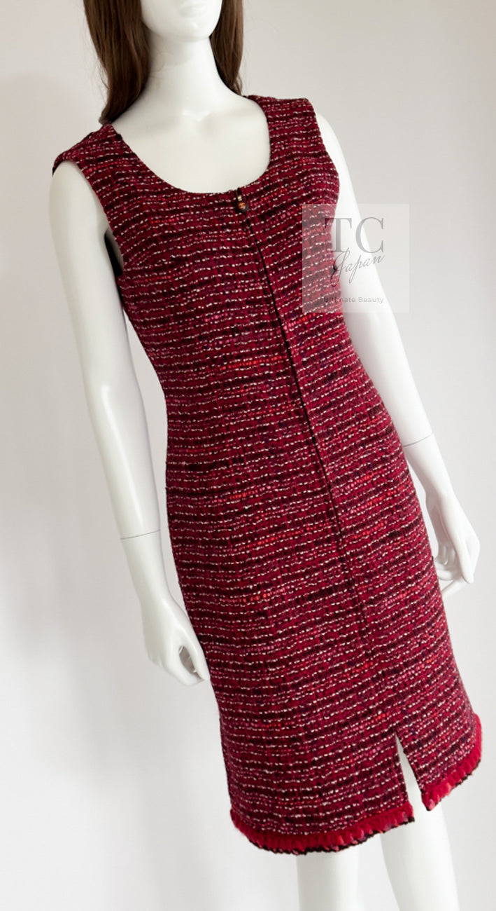 CHANEL 01A Vintage Red Pink Wool Tweed Dress 38 40 シャネル ヴィンテージ レッド ピンク ウール ツイード ワンピース 即発