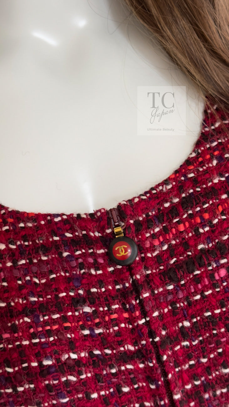 CHANEL 01A Vintage Red Pink Wool Tweed Dress 38 40 シャネル ヴィンテージ レッド ピンク ウール ツイード ワンピース 即発
