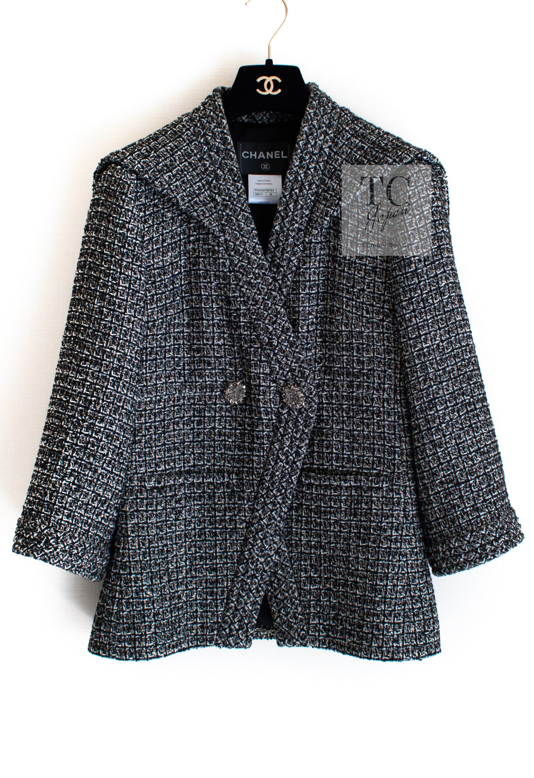 CHANEL 12A Gray Black Silver Gold Metallic Tweed Jacket 38 シャネル グレー ブラック シルバー ゴールド メタリック ツイード ジャケット 即発