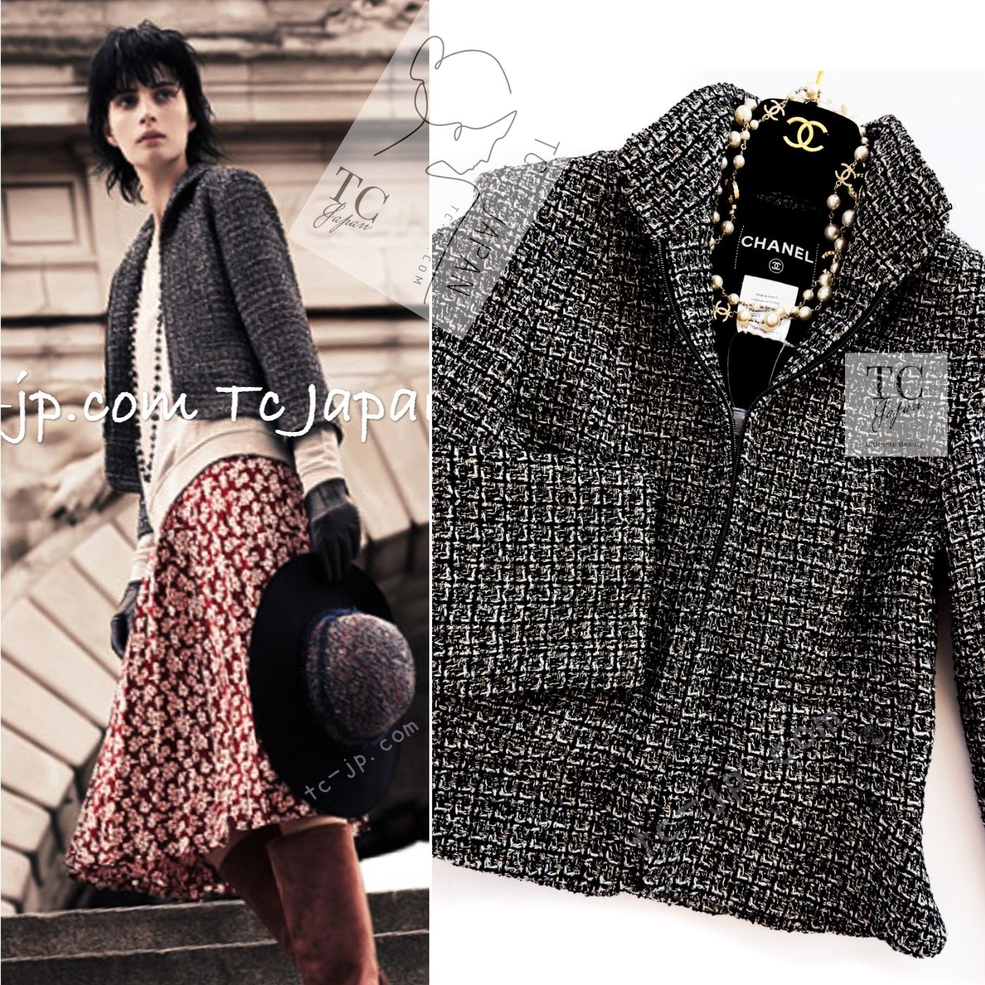 CHANEL 12A Black Gray Silver Gold Metallic Zipper Tweed Jacket 36 38 シャネル ブラック グレー シルバー ゴールド メタリック ジッパー ツイード ジャケット 即発