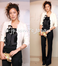 CHANEL 06A Creme Ivory Ribbon Silk Cardigan Jacket Top 34 36 38 シャネル クリーム アイボリー リボン シルク ブラウス カーディガン ジャケット 即発