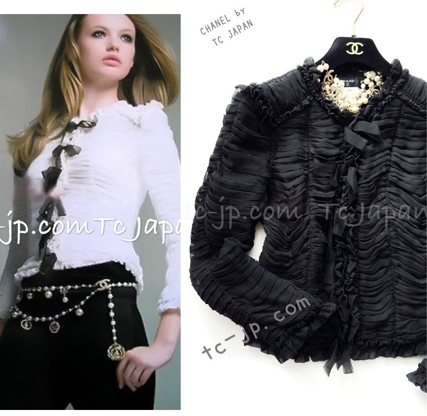 CHANEL 06A Black Ribbon Silk Penelope Cruz Cardigan Jacket Tops 38 40 44 シャネル ブラック リボン シルク ブラウス カーディガン ジャケット 即発