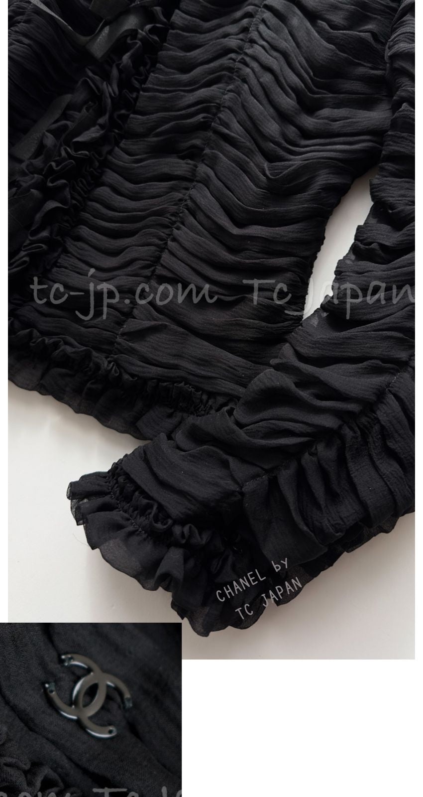 CHANEL 06A Black Ribbon Silk Penelope Cruz Cardigan Jacket Tops 38 40 44 シャネル ブラック リボン シルク ブラウス カーディガン ジャケット 即発