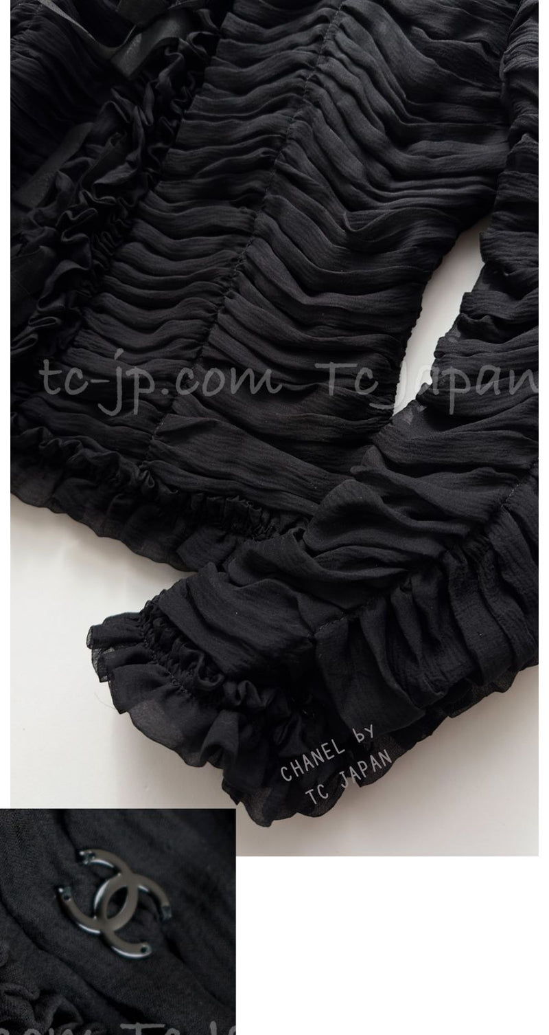 CHANEL 06A Black Ribbon Silk Penelope Cruz Cardigan Jacket Tops 38 40 44 シャネル ブラック リボン シルク ブラウス カーディガン ジャケット 即発