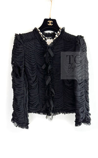 CHANEL 06A Black Ribbon Silk Penelope Cruz Cardigan Jacket Tops 38 40 44 シャネル ブラック リボン シルク ブラウス カーディガン ジャケット 即発