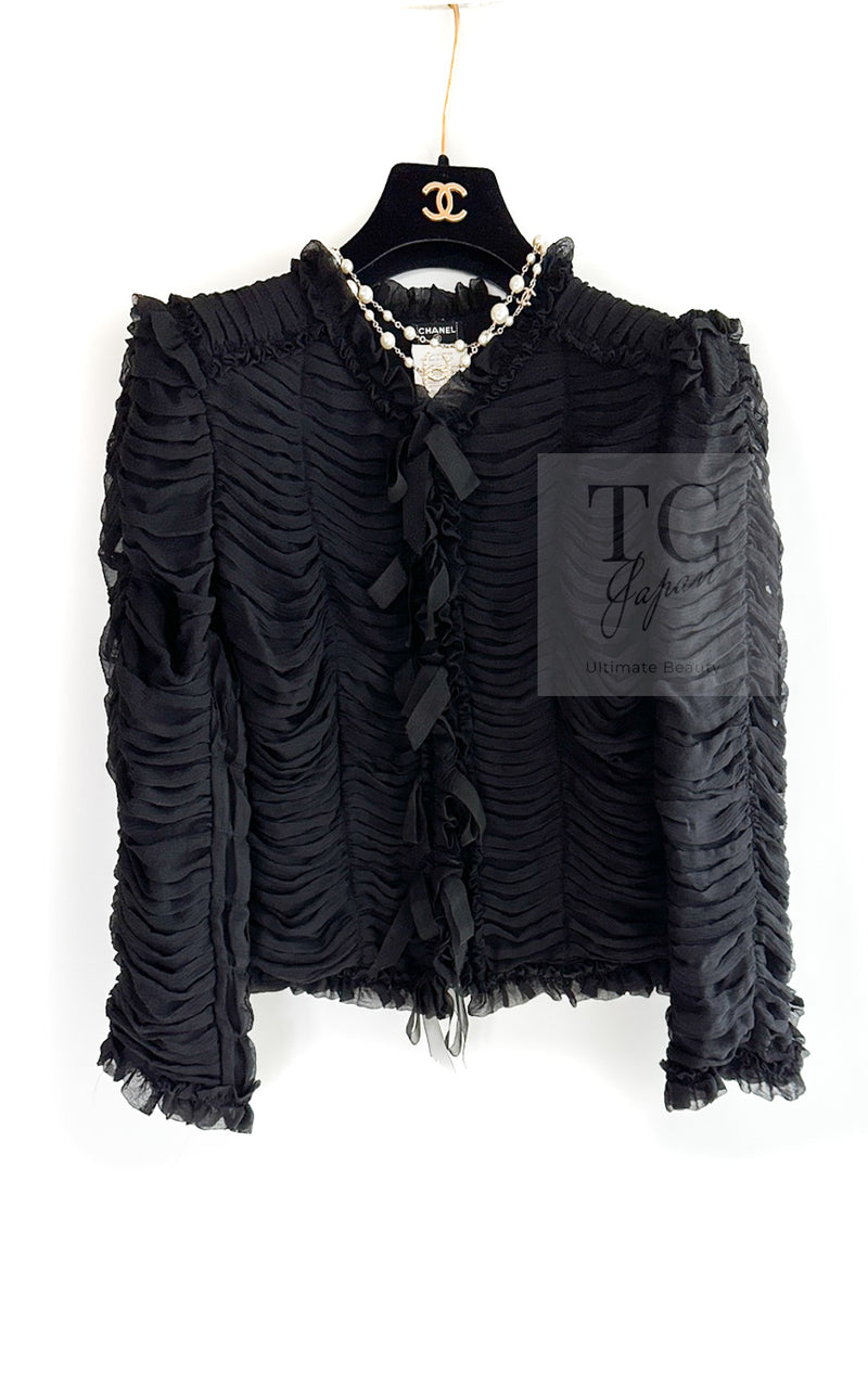 CHANEL 06A Black Ribbon Silk Penelope Cruz Cardigan Jacket Tops 38 40 44 シャネル ブラック リボン シルク ブラウス カーディガン ジャケット 即発