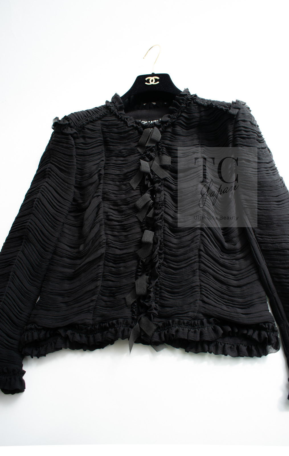 CHANEL 06A Black Ribbon Silk Penelope Cruz Cardigan Jacket Tops 38 40 44 シャネル ブラック リボン シルク ブラウス カーディガン ジャケット 即発